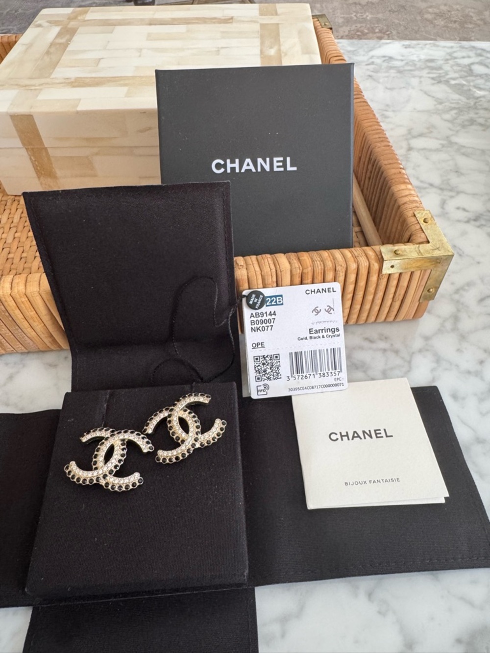 CHANEL Chanel Coco Mark Rhinestone Earrings A22B Gold, Black, Crystal w Tags